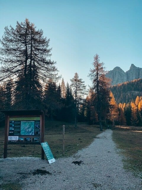 a wood board with the trailhead to the lago di sorapis hiike and mountains in the background. There is early morning light on the trees, casting an orange glow.
